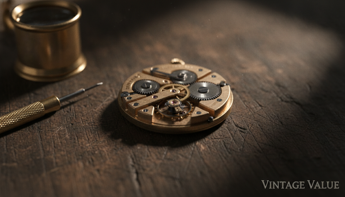 A close-up macro photograph of a 1960s vintage mechanical watch movement exposed on a dark, rustic wooden workbench.