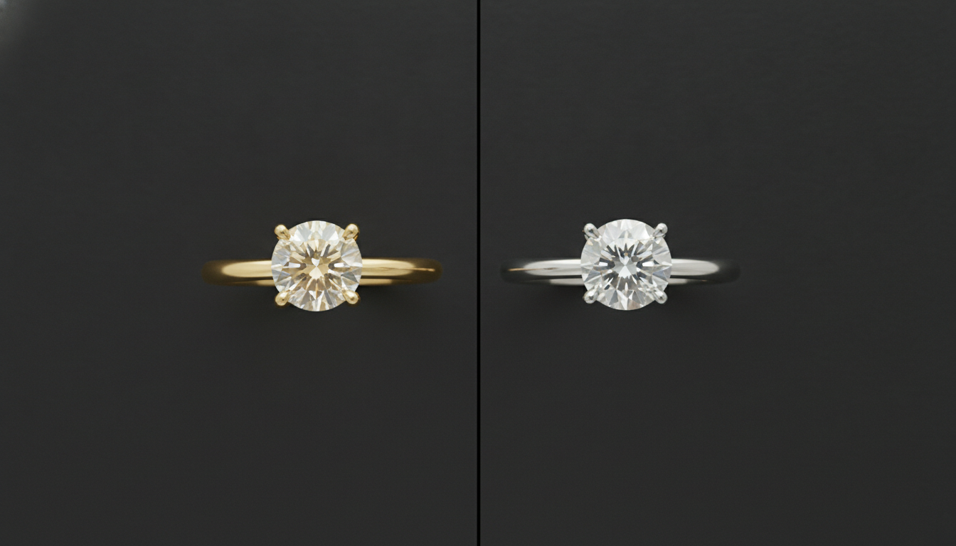 Split comparison of the same near-colorless round brilliant diamond set in a yel