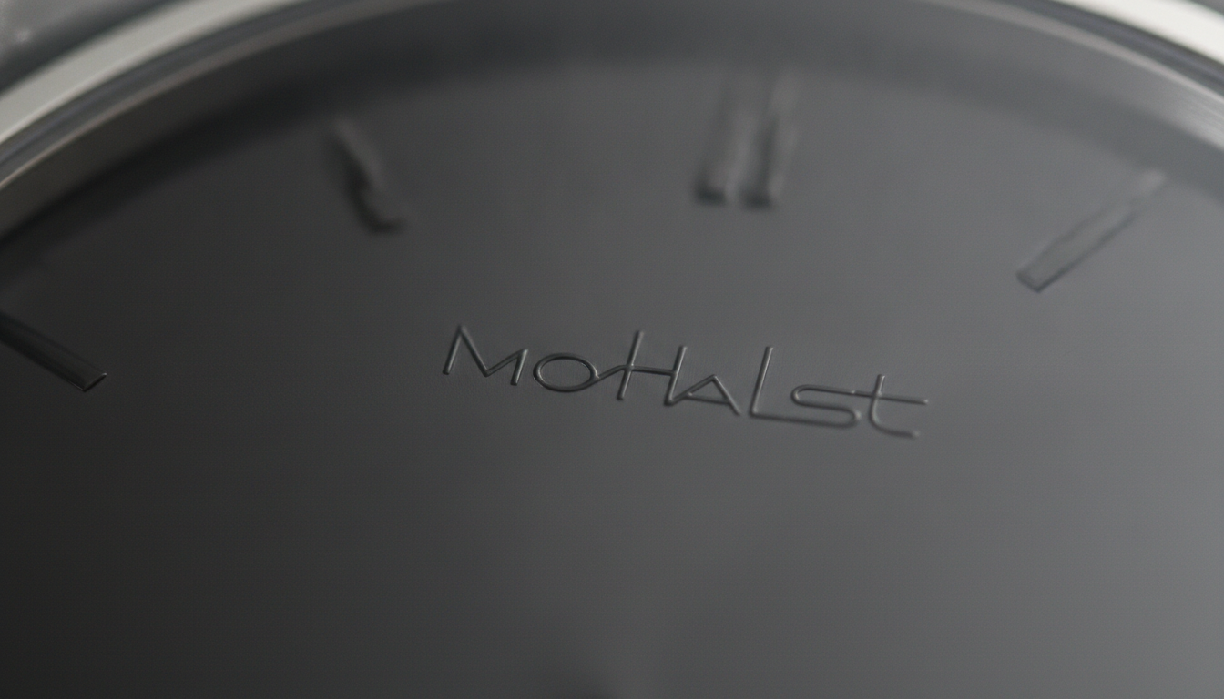 Extreme macro close-up of a luxury watch dial showing the printed signature typo