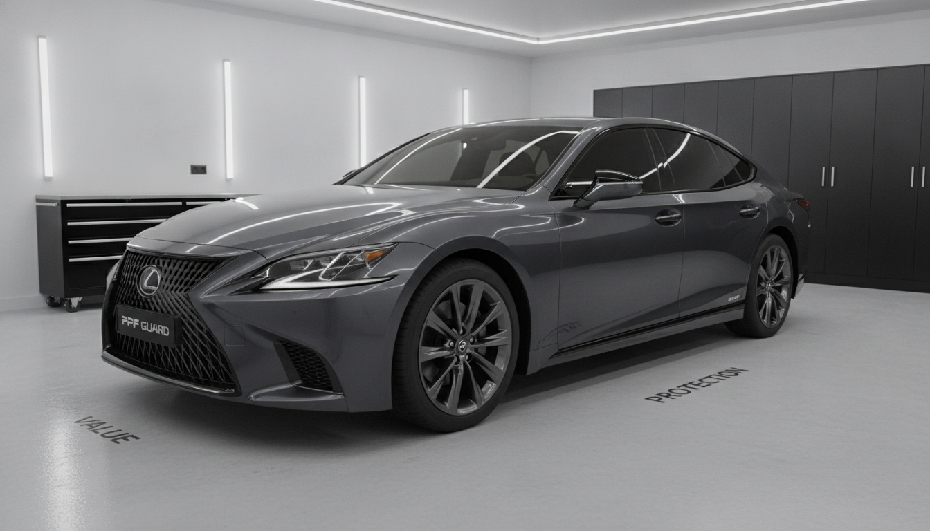 A pristine, well-maintained modern car, perhaps a dark-colored sedan or SUV, showcased in a clean, uncluttered garage or a sleek outdoor setting. The car subtly reflects light, highlighting the protective sheen of paint protection film (PPF) on its body and the dark, elegant tint on its windows. Its aesthetic is cohesive and understated, featuring tasteful, non-flashy dark alloy wheels and trim that indicate a 'tasteful upgrade' rather than a 'Frankenstein project.' The overall image conveys a sense of quality, smart investment, and value retention, with a professional and clean presentation. Avoid any futuristic elements. Keywords: VALUE, PROTECTION