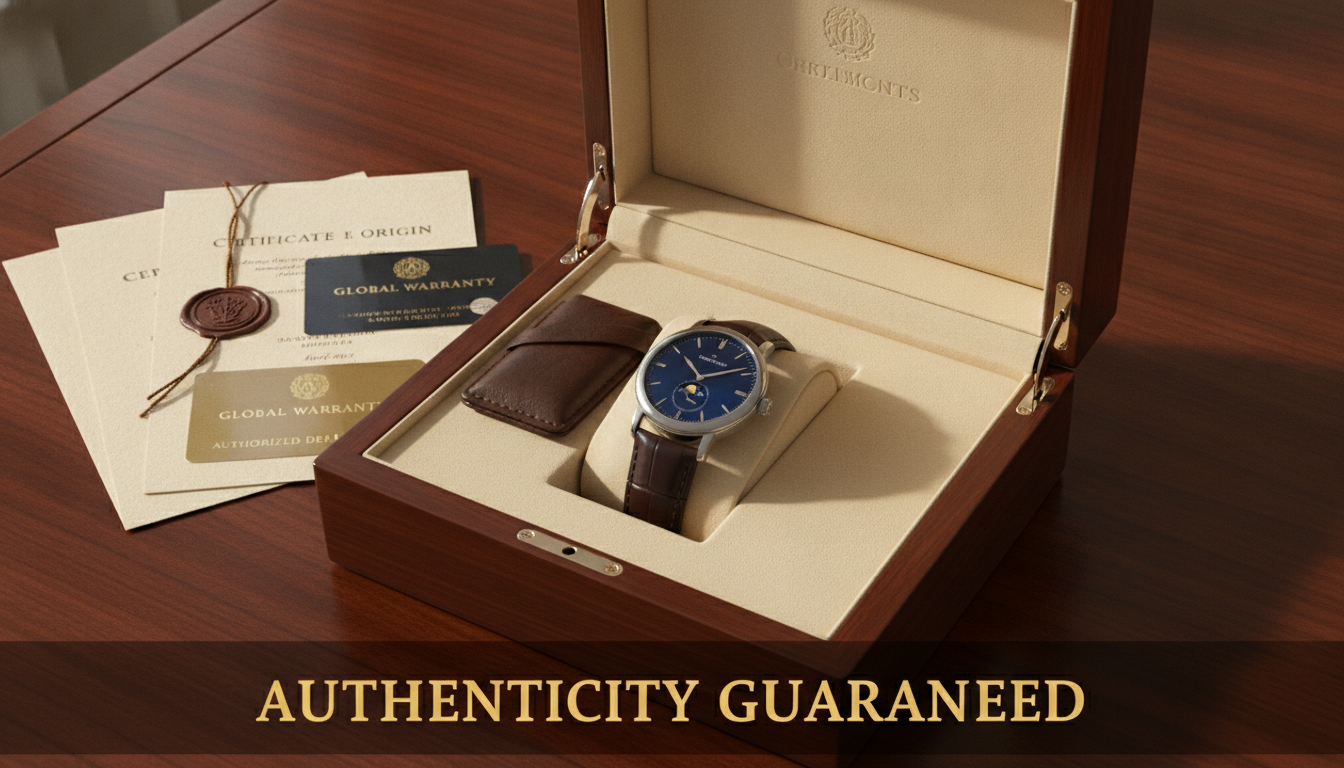 An open luxury watch box displaying the timepiece and its official documents.
