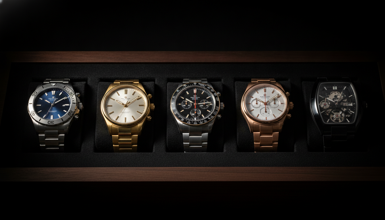 A moody editorial photograph of five luxury watches arranged with intentional sp