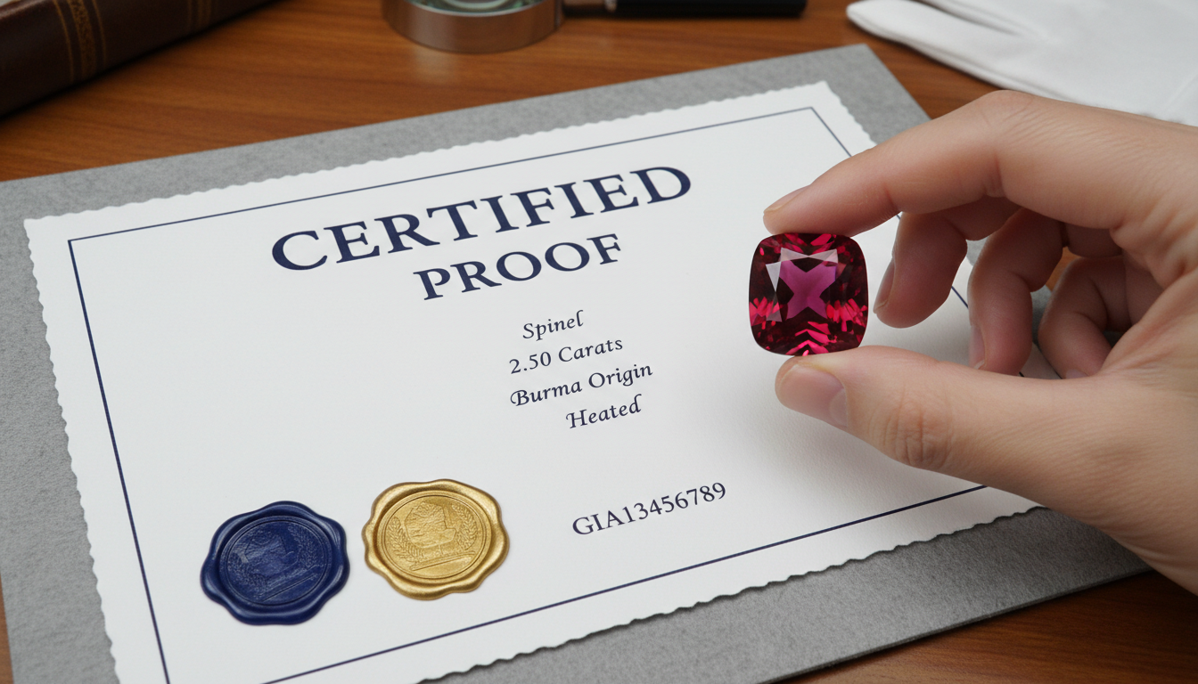 A hand holding a gemstone next to a gemological certificate