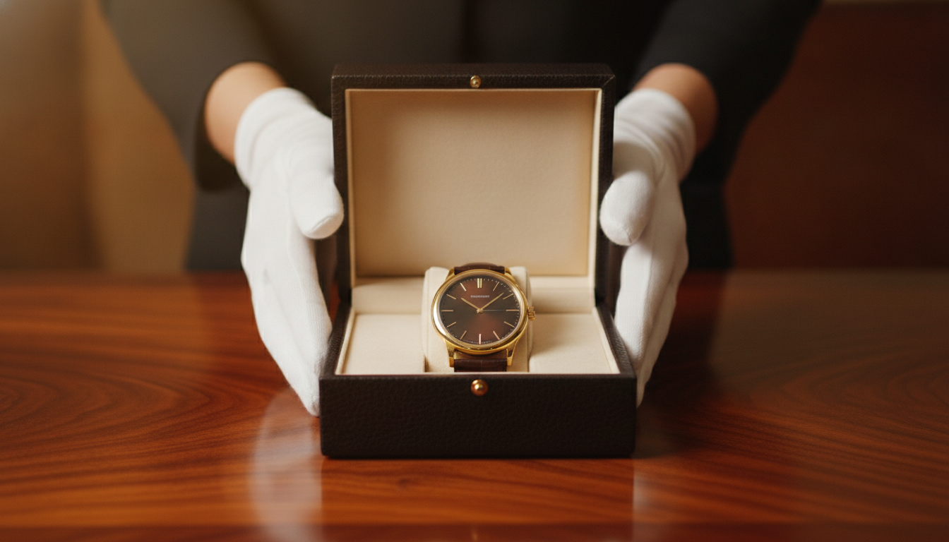 White-gloved hands presenting an open dark leather watch presentation case on a