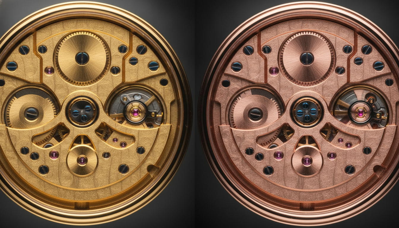 Side-by-side macro comparison of two watch calibers viewed through sapphire case