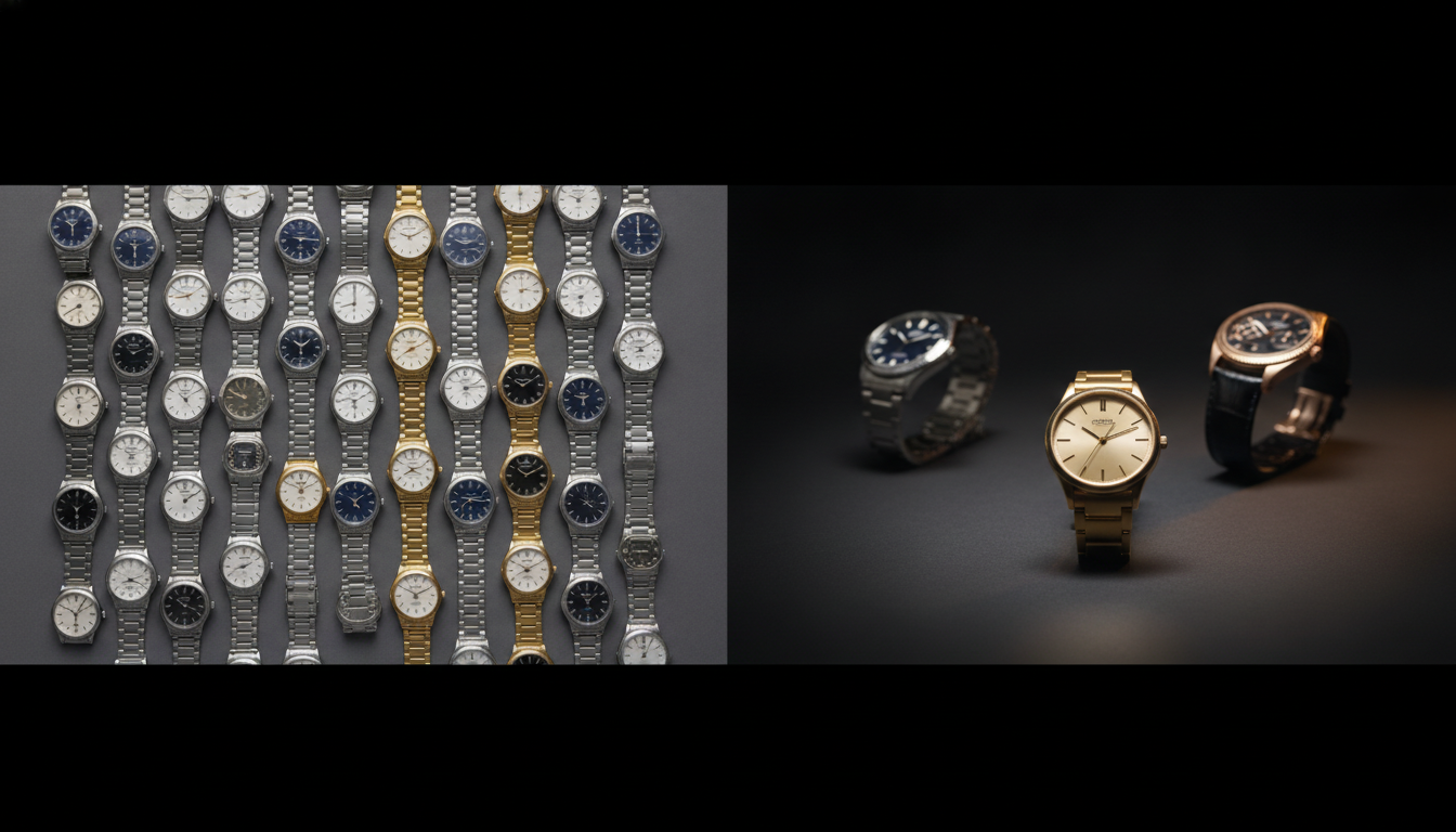 Two-panel editorial comparison: a dense grid of many similar watch listings on t