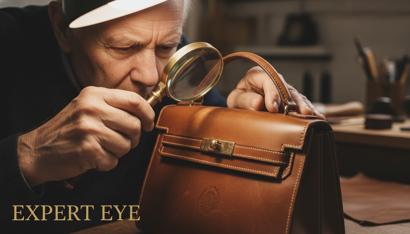 Close-up shot of experienced hands, with visible fine lines, meticulously examining a vintage luxury item like a leather handbag or a watch with a magnifying glass. Focus on the subtle details of craftsmanship. The setting is a well-lit, professional workshop. Text in image:
