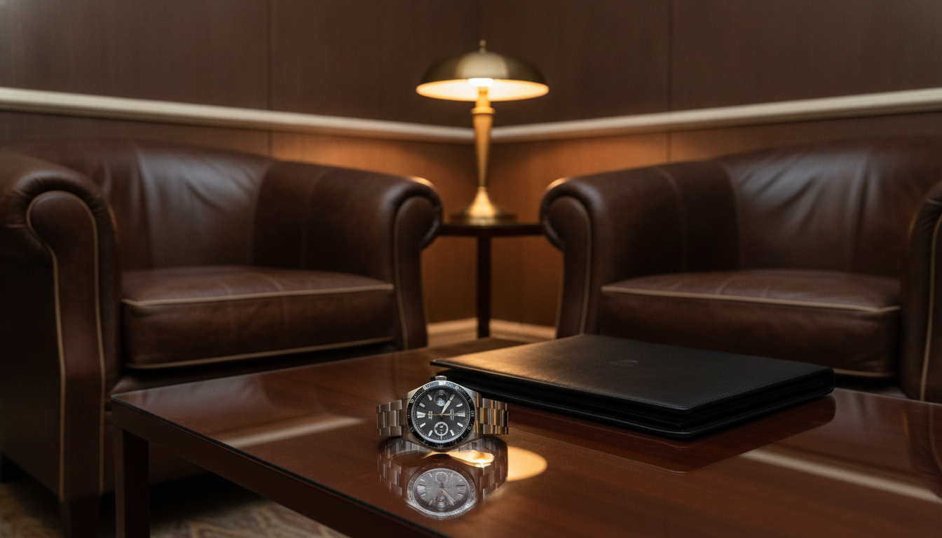 Private office with two leather armchairs facing each other across a low table h