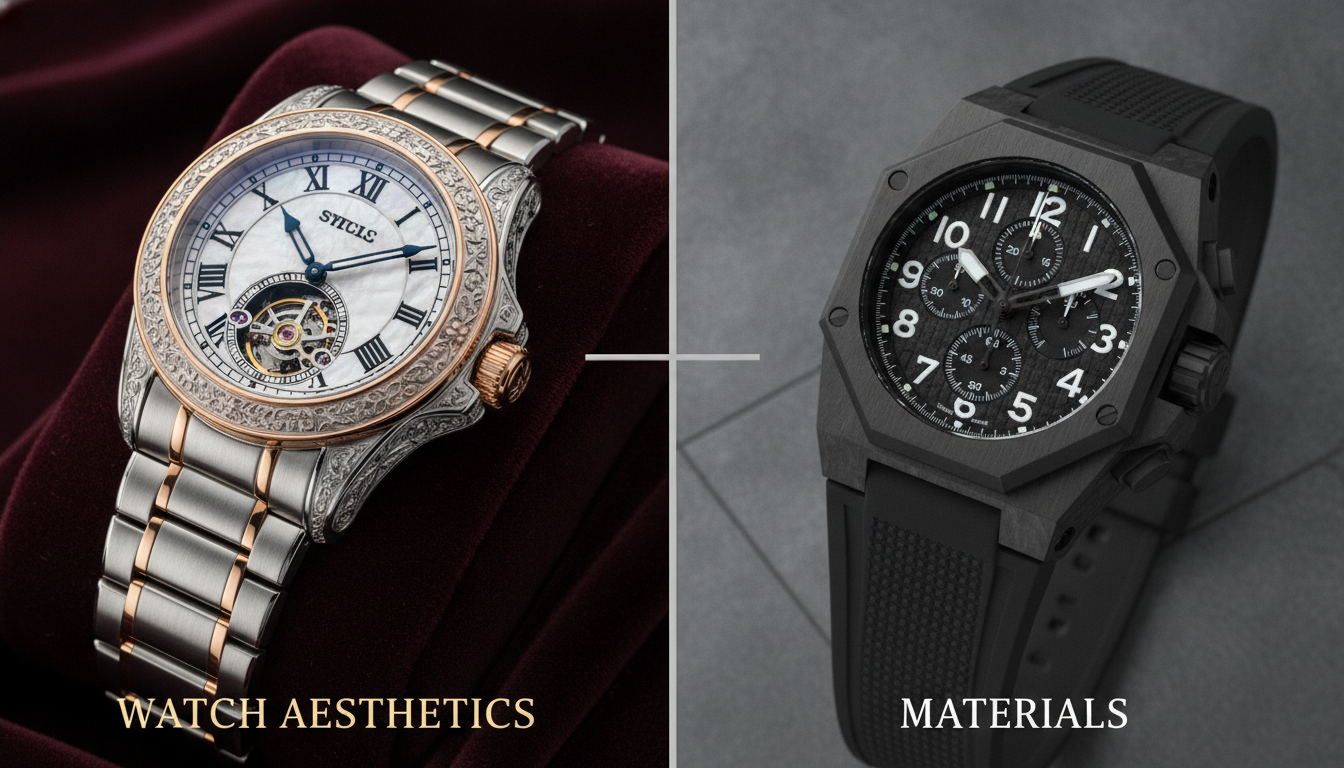 A split image or diptych contrasting diverse watch aesthetics and materials. On one side, show a luxury watch with intricate, ornate aesthetics, possibly gold or platinum with complex textures. On the other side, show a rugged, modern watch made of advanced materials like ceramic, carbon fiber, or titanium, with a clean, functional design. The background should be neutral to highlight the watches themselves. Keywords: 