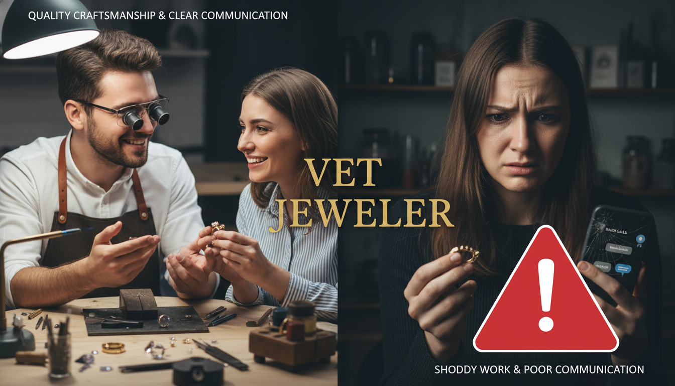 A split image representing the complex process of vetting a custom jeweler. On one side, a skilled jeweler meticulously works on a delicate piece of jewelry, discussing details patiently with a satisfied client, showing clear communication and quality craftsmanship. On the other side, a frustrated client holds a broken custom ring, looking at an ignored phone with numerous missed calls and messages, symbolizing poor communication and shoddy work. A red warning sign appears over the frustrated client. Realistic, non-futuristic style. In the center, with large elegant fonts: