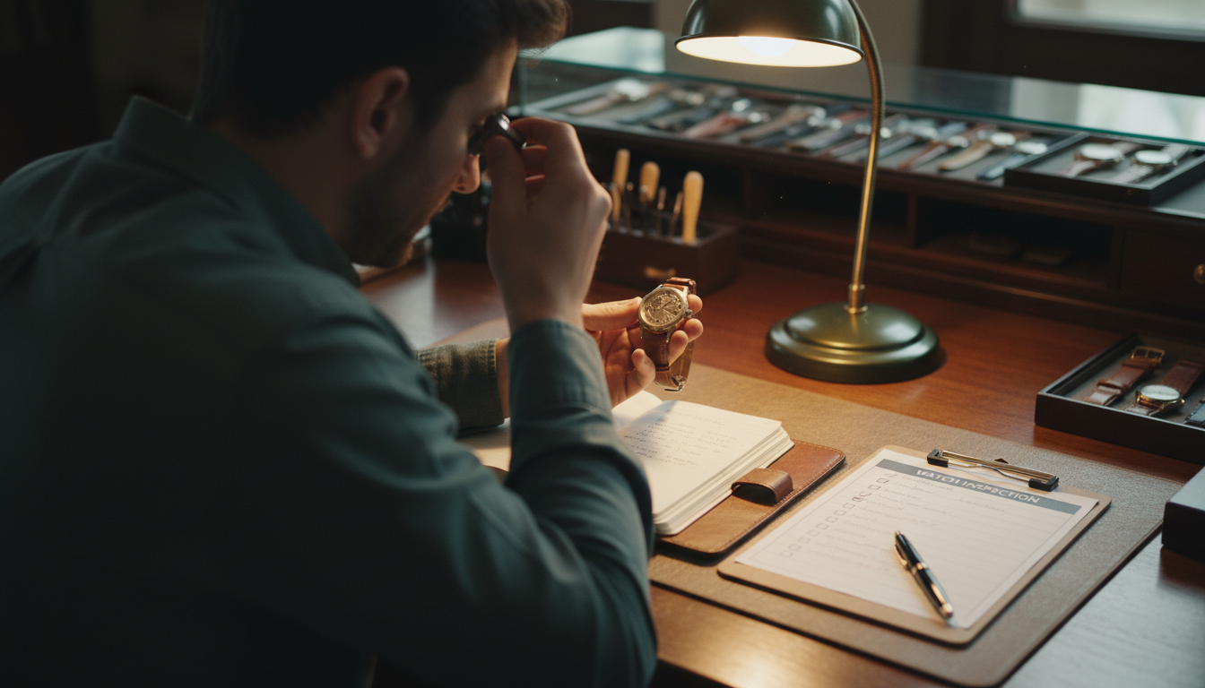 A person (viewed from the back or side, face obscured) carefully examining a watch with a jeweler's loupe, with a notebook or checklist on a table beside them. The setting suggests diligence and caution in the buying process, with a subtle, realistic ambiance of a trusted setting.