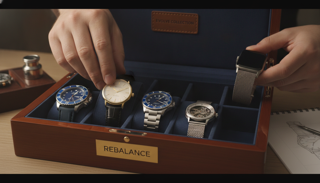 A human hand carefully arranging a collection of watches on a display stand or within a watch box. Some watches are being picked up or moved, while others are being introduced. The scene conveys thoughtfulness and intentional curation. Emphasize a sense of evolution and refinement rather than simple accumulation. The watches should vary in style, implying a shift in taste. Keywords: 