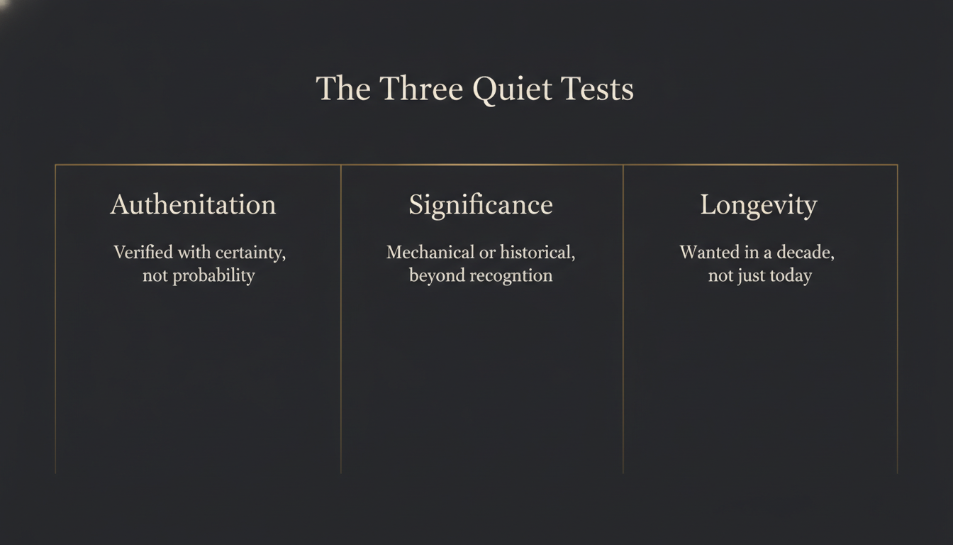 A three-column infographic titled 'The Three Quiet Tests' listing Authentication