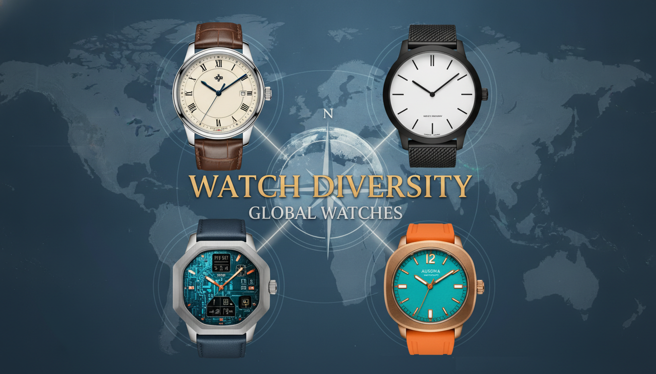 A visually rich infographic or artistic collage showcasing four distinct watch types arranged around a central concept of global diversity. One watch representing traditional Swiss luxury (classic design, polished steel), another a minimalist German watch (clean lines, stark dial), a third an innovative Japanese watch (unique dial texture, modern tech aesthetic), and a fourth a unique microbrand watch (distinctive case shape, bold color). The background emphasizes a world map or compass, illustrating global origins. Keywords: 