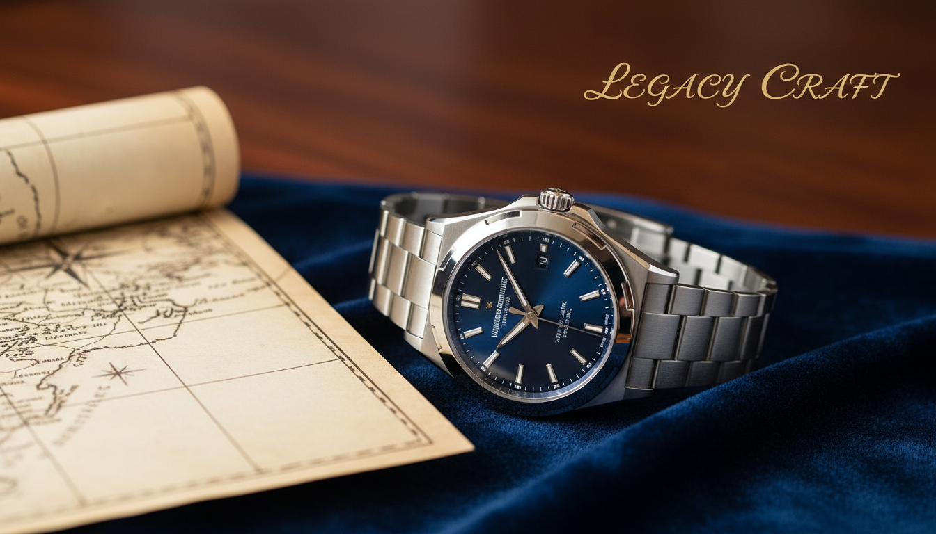 A Vacheron Constantin watch (e.g., Overseas model) displayed elegantly on a luxurious, textured surface like dark velvet or polished wood. A subtle old map or historic document is visible in the background, reflecting its long heritage. The keywords