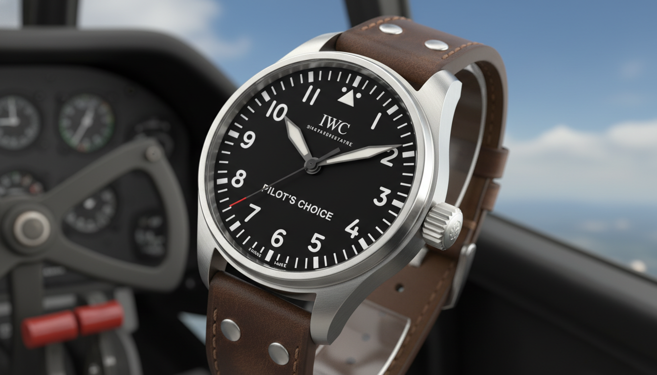 An IWC Big Pilot watch, close-up, showcasing its rugged yet luxurious design. The backdrop features a blurred vintage aircraft cockpit or an open, expansive sky, emphasizing its robust build and aviation heritage. The keywords