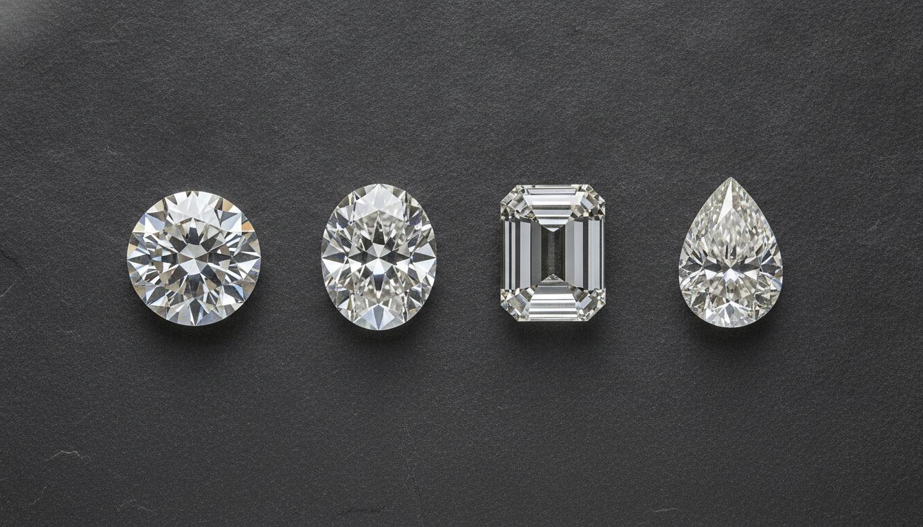 Side-by-side comparison of four loose diamond shapes: round brilliant, oval, eme