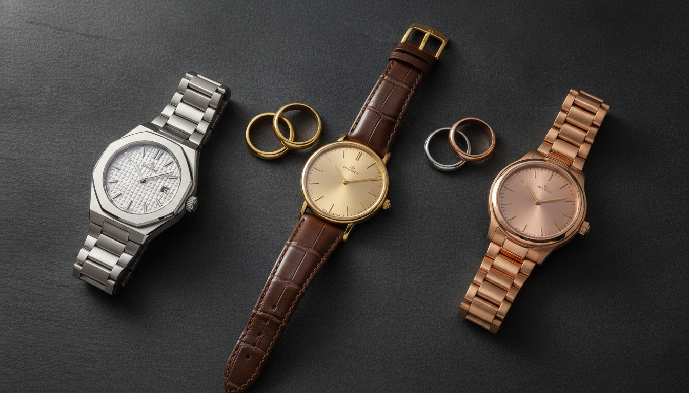 Flat-lay of three luxury watches in steel, yellow gold, and rose gold alongside