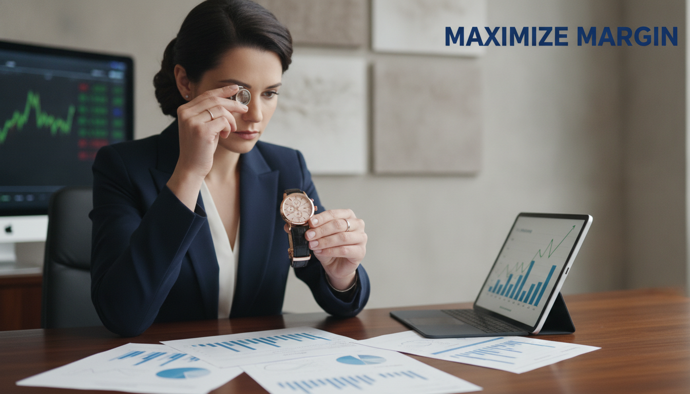 A high-end, clean, professional workspace showing a business person analyzing a luxury watch, surrounded by financial documents and analytical graphs, neutral background, realistic photography style, bold text in the corner reading 'MAXIMIZE MARGIN', professional and serious atmosphere