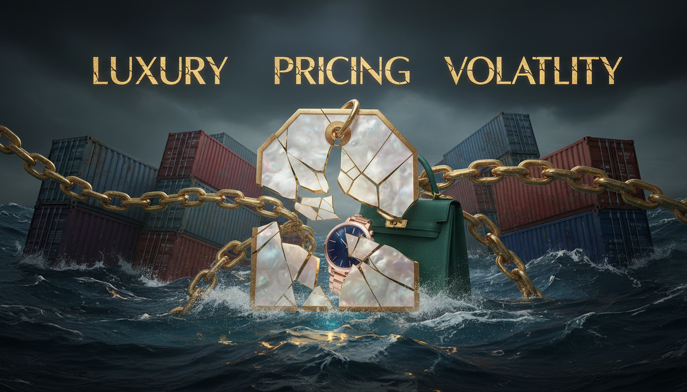 A shattered, ornate price tag with luxurious items like a designer handbag and an expensive watch subtly visible through its fragments. Behind it, a dynamic and chaotic scene unfolds with stylized shipping containers precariously stacked and some half-submerged in turbulent, dark waters, while golden chain links appear visibly broken, symbolizing supply chain volatility. Above this scene, three elegant, slightly fractured keywords float prominently: 