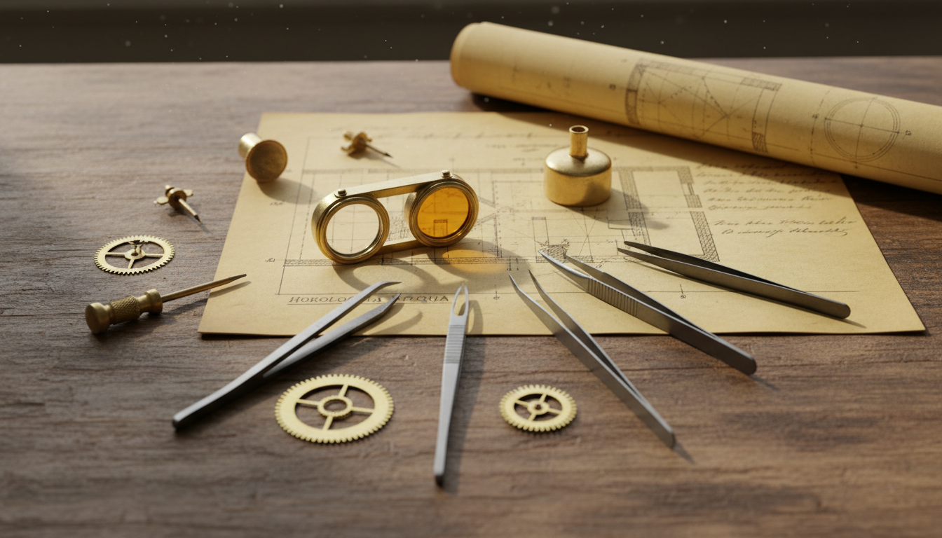 An elegant flat lay of open vintage watchmaking tools, such as a loupe, tweezers, and small gears, arranged on a desk. A subtle blueprint or old parchment with historic markings is visible in the background, signifying deep history and craftsmanship beyond modern trends, in a realistic style.