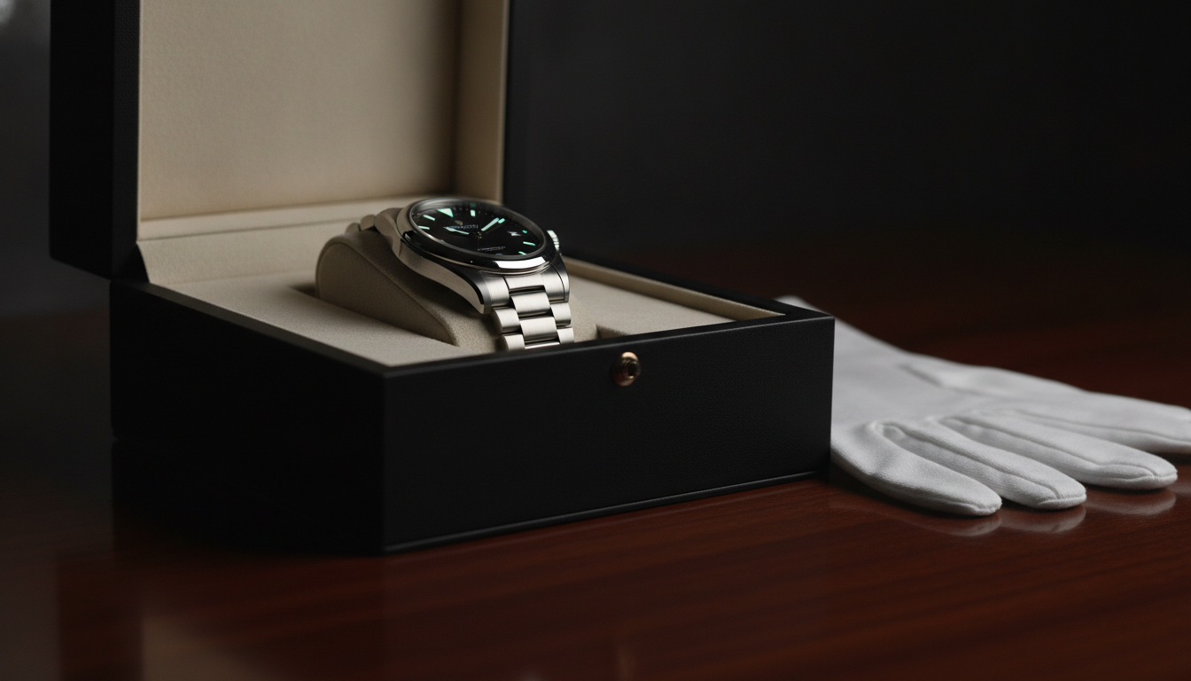 Luxury watch secured inside an open black presentation case on polished mahogany