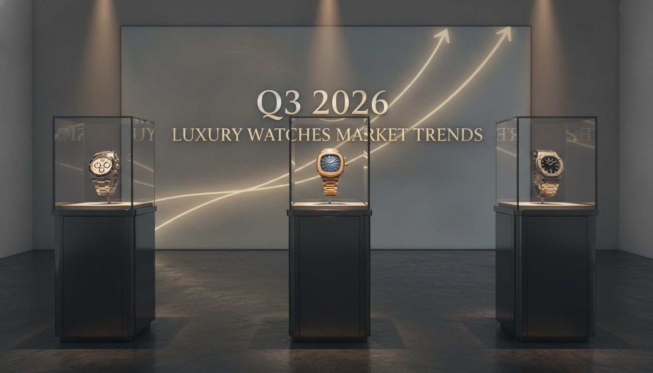 A highly detailed, cinematic shot: several iconic luxury watches (e.g., Rolex Daytona, Patek Philippe Nautilus, Audemars Piguet Royal Oak) displayed on sleek, reflective pedestals within a futuristic, minimalist art gallery setting. Soft, dramatic spotlighting emphasizes their intricate craftsmanship and reflective surfaces. In the background, a large, translucent holographic screen subtly projects upward-trending data graphs in muted gold and silver tones. Overlayed prominently on the screen, in a bold, elegant sans-serif font, are the large keywords: 