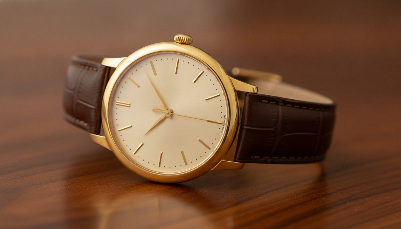 A yellow gold luxury dress watch on a polished dark mahogany surface under soft