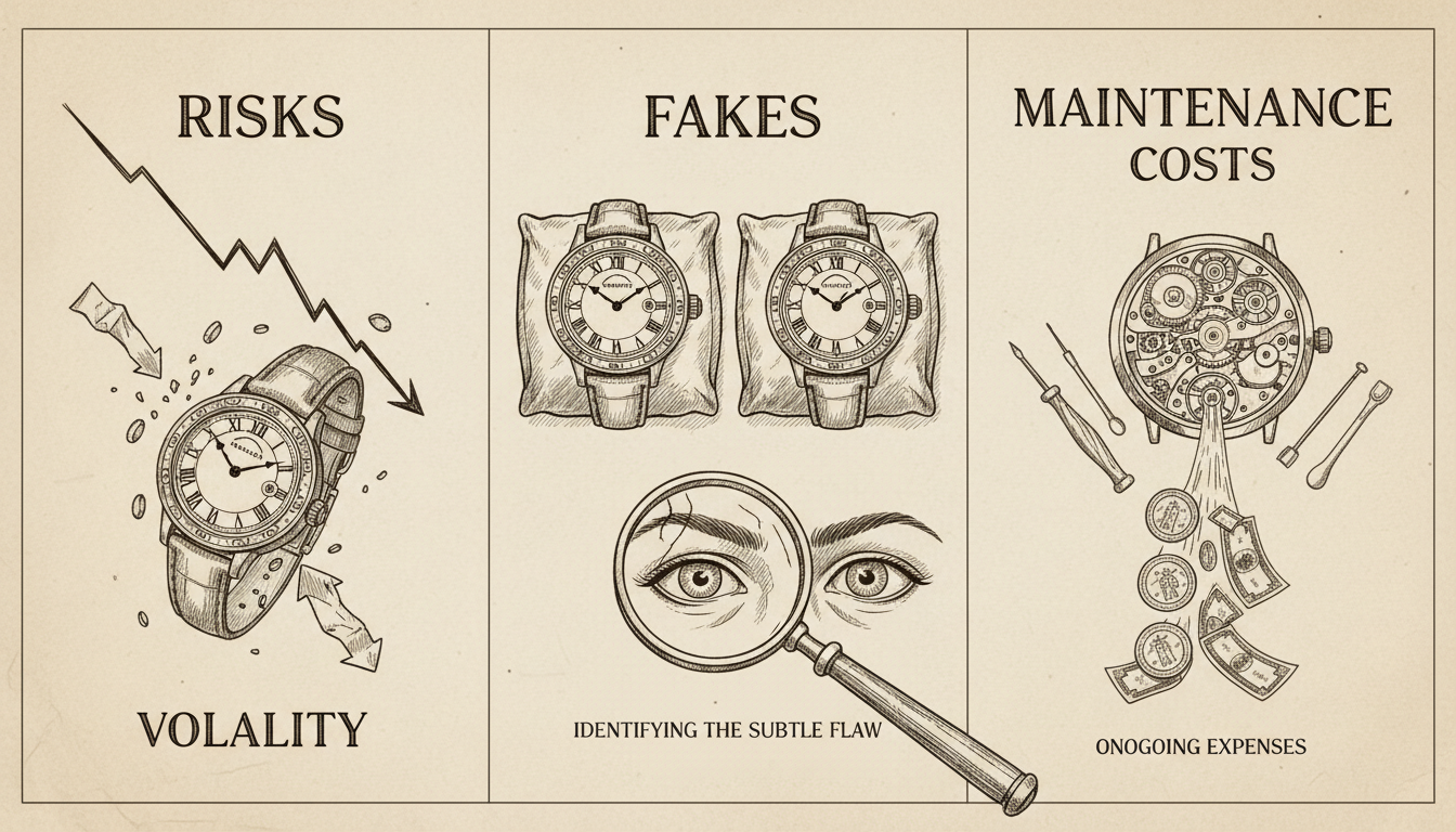 A classic, hand-drawn illustration style, no futuristic elements. The image depicts three conceptual sections, side-by-side. The left section illustrates market volatility with a graph showing a sharp downward trend, and a luxury watch falling. The central section portrays the challenge of identifying sophisticated fakes, showing two identical-looking luxury watches, one of which has a subtle, almost imperceptible flaw, with a pair of scrutinizing eyes or a magnifying glass examining them closely. The right section represents high maintenance costs, showing an open, intricate luxury watch movement with repair tools around it, and coins or currency visibly flowing away. Keywords in large fonts: 