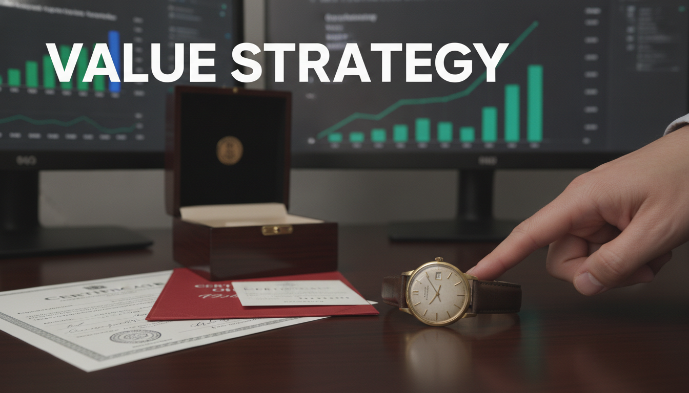 A classic, high-end wristwatch rests on a dark, polished desk. Beside it are official authenticity papers, a certificate of origin, and its original presentation box.