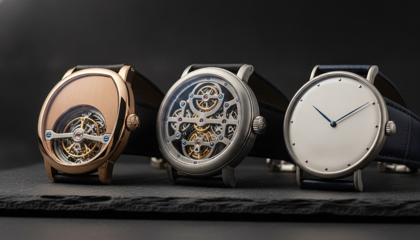 Three independent watchmaker pieces arranged on dark slate: rose gold tourbillon, steel skeleton, and platinum minimalist dress watch, photographed with soft directional lighting.