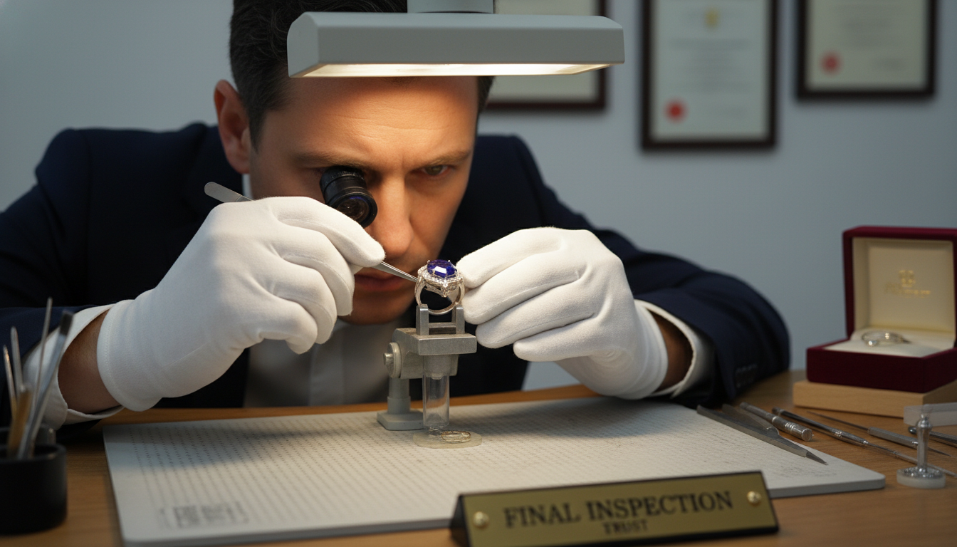 A professional jeweler, with intense focus, meticulously examining a custom-made ring under a jeweler's loupe or a microscope, ensuring every detail is flawless. The setting is a clean, professional workshop, with soft, focused lighting on the piece. There are certificates and a small jewelry box subtly in the background. Text: 'FINAL INSPECTION' 'TRUST'.