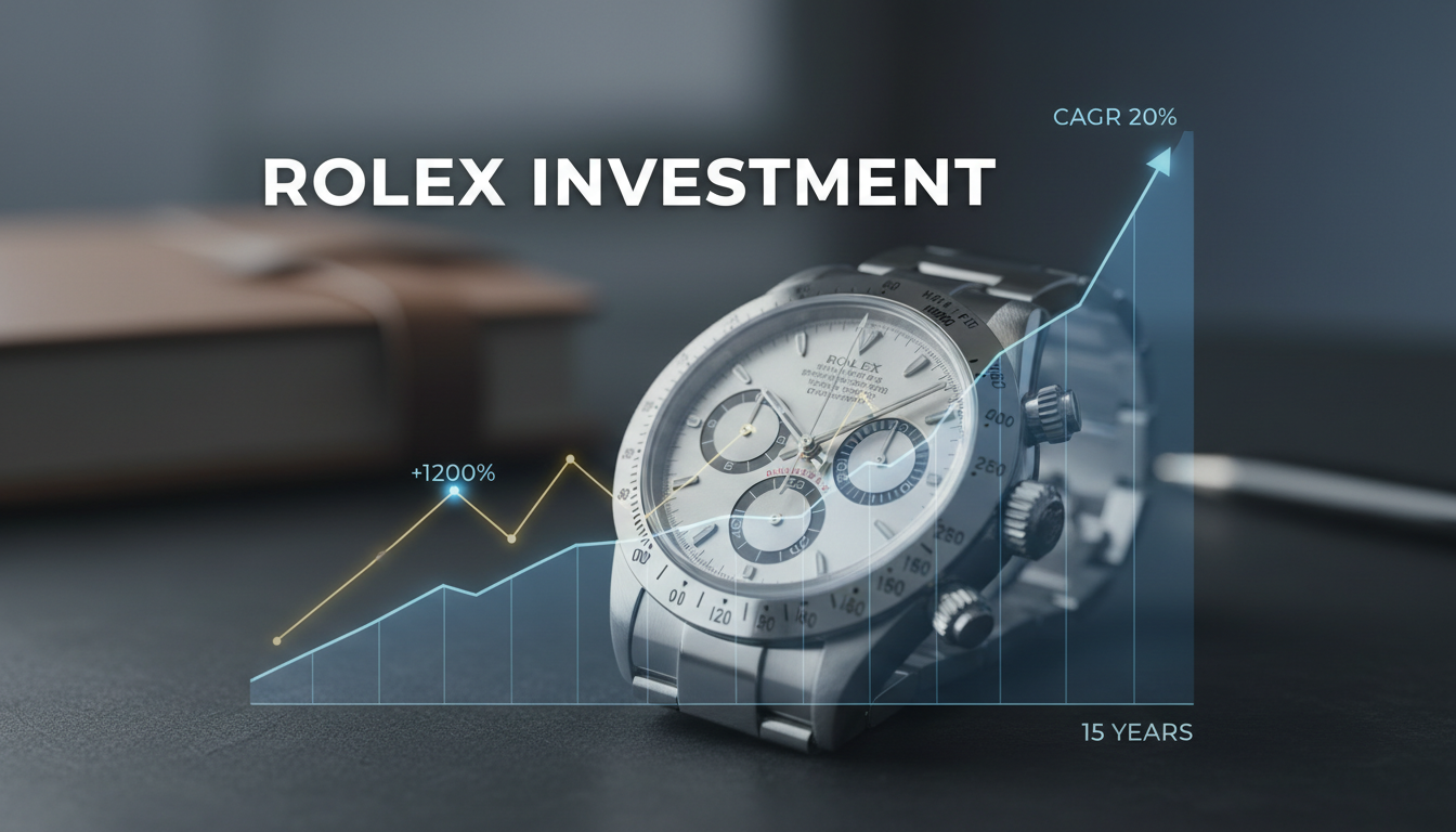 A luxurious, detailed close-up of a classic stainless steel Rolex Daytona watch, gleaming under soft, sophisticated lighting. In the background, a translucent, holographic financial chart with an undeniable upward trajectory spanning 15 years is visible, rendered in elegant blue and gold hues. Subtle data points and percentages are implied. Large, crisp white text 'ROLEX INVESTMENT' is prominently displayed. The overall image exudes financial growth, precision, and high-end data analysis.