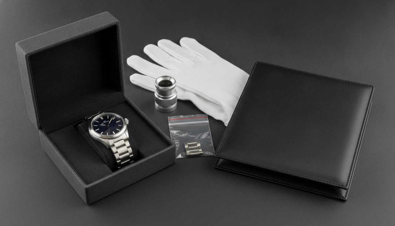 Unbranded watch documented with a loupe, spare links, gloves, and a secure case