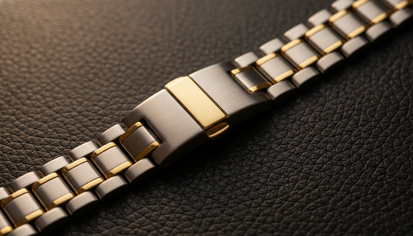 Close-up macro detail of a luxury two-tone watch bracelet and clasp, showing the