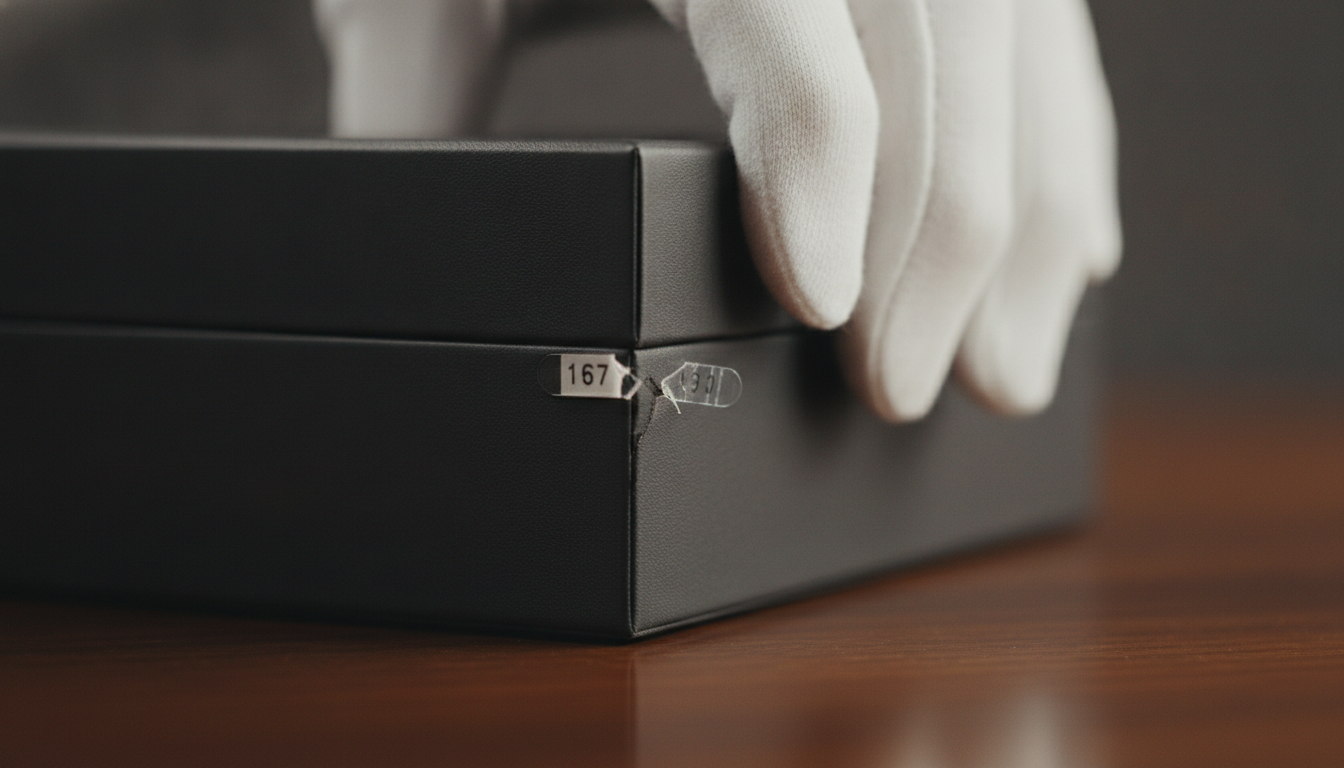 Macro shot of a gloved hand opening a sealed inner watch box at the moment of br