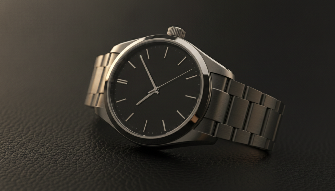 Luxury stainless steel wristwatch with dark dial resting on black leather with a