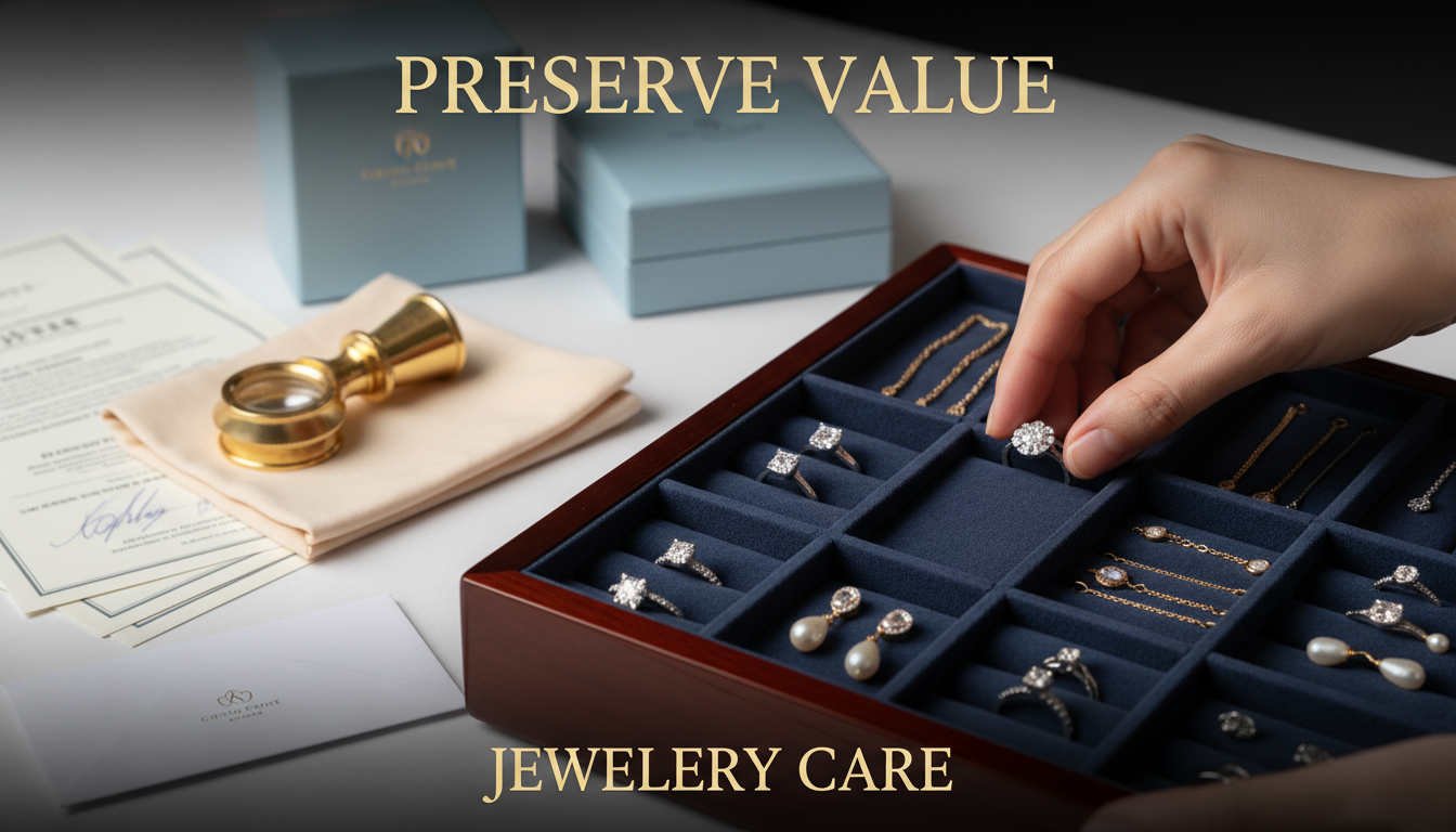 An elegant and visually rich scene depicting meticulous care and preservation of fine jewelry.