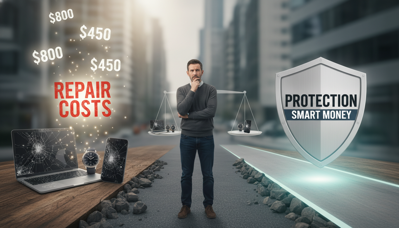 A person deciding between high repair costs for unprotected devices and the security of a protection plan.