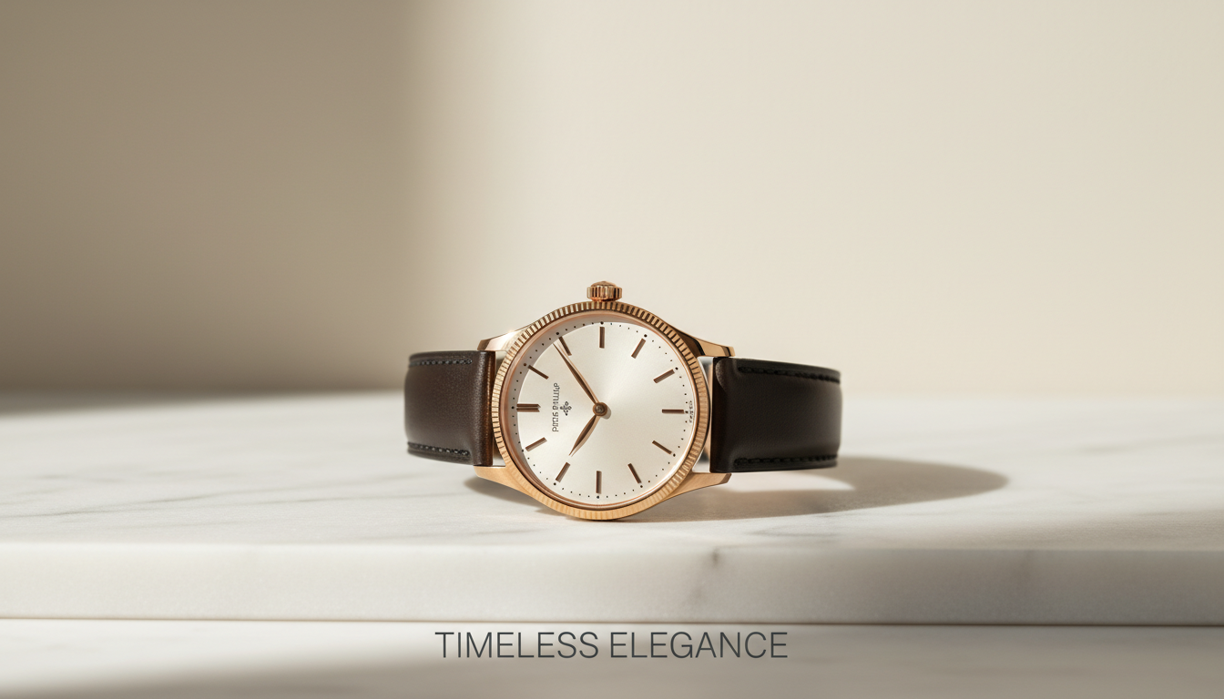 A Patek Philippe Calatrava watch on a simple, pristine, minimalist background, illuminated with soft, elegant lighting. The focus is on its understated elegance and timeless design. The keywords