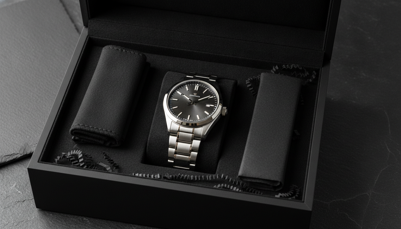 Luxury watch inside an opened matte black presentation box with black protective