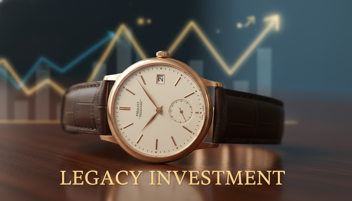 A sophisticated, detailed close-up of a classic fine watch (like a Patek Philippe or Rolex style) on a dark, luxurious surface, with subtle, elegant financial charts or upward-trending arrows in the background indicating growth. The watch design emphasizes timeless craftsmanship and luxury. The atmosphere is one of wealth preservation and enduring value. Text overlay: LEGACY INVESTMENT.
