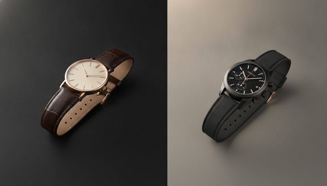 Side-by-side studio photograph comparing a simple three-hand dress watch with a