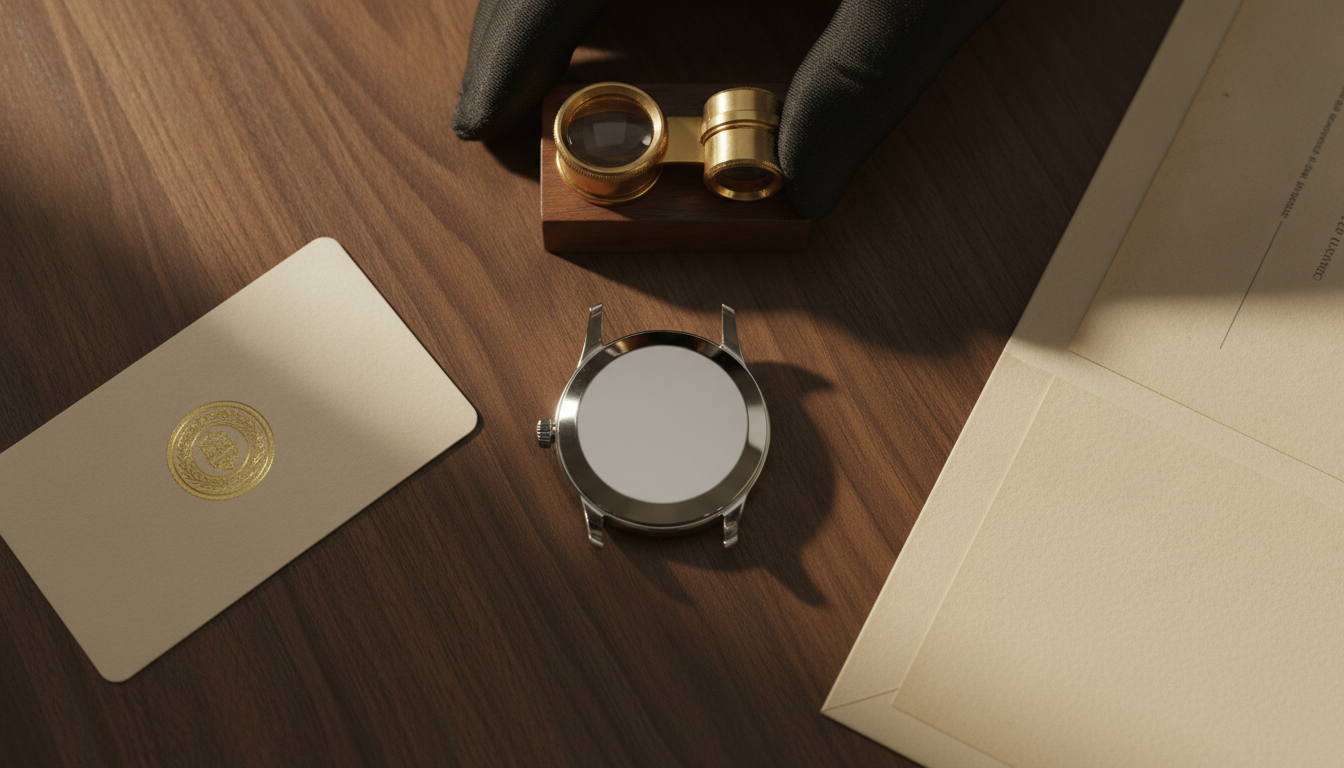 Flat-lay editorial composition on a dark walnut surface: a black-gloved hand pos