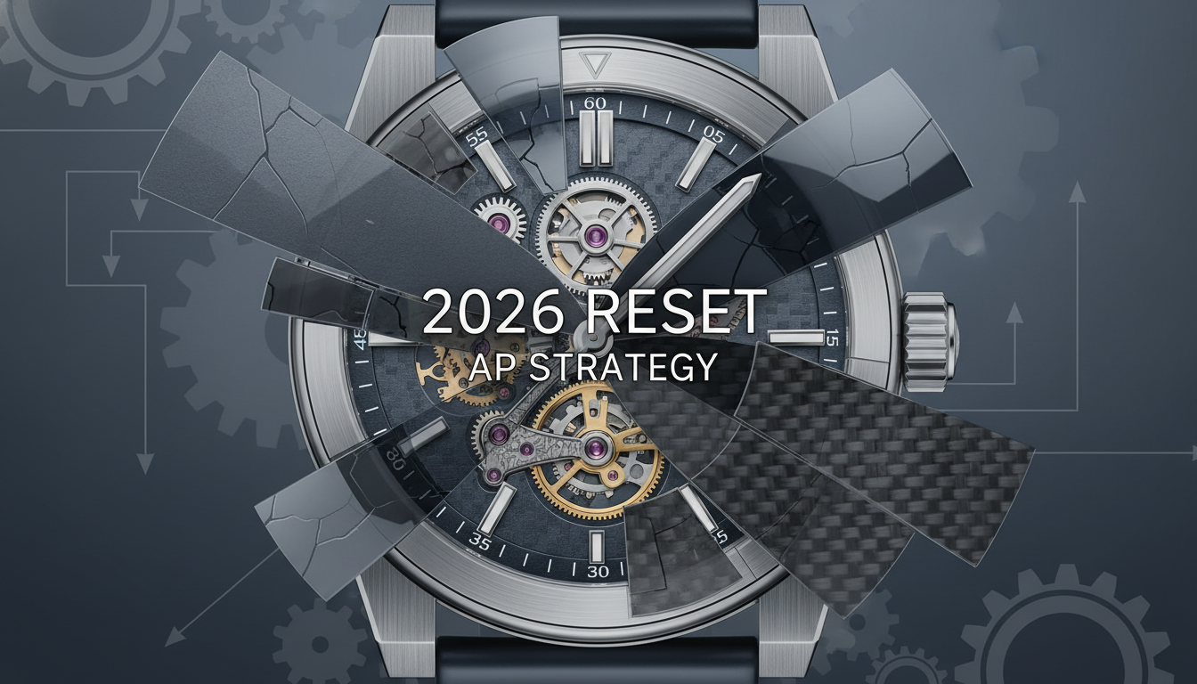 A high-resolution, sophisticated illustration of a luxury watch dial (resembling a detailed mechanical watch, not explicitly branded), undergoing a strategic transformation. The watch face is surrounded by abstract representations of innovative materials like brushed titanium, polished ceramic, and composite textures. A subtle, elegant overlay features the text 