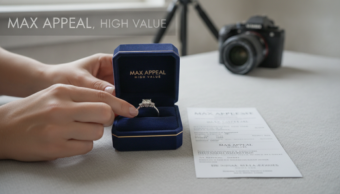 A close-up, elegant shot of a person's hands meticulously cleaning a sparkling diamond ring, placing it carefully into a luxurious, branded jewelry box. Nearby are important documents like a GIA certificate and an original receipt, all laid out on a clean, neutral background with soft natural light. In the background, a high-quality camera is set up for photography. The scene emphasizes attention to detail and value. Text on image: MAX APPEAL, HIGH VALUE.