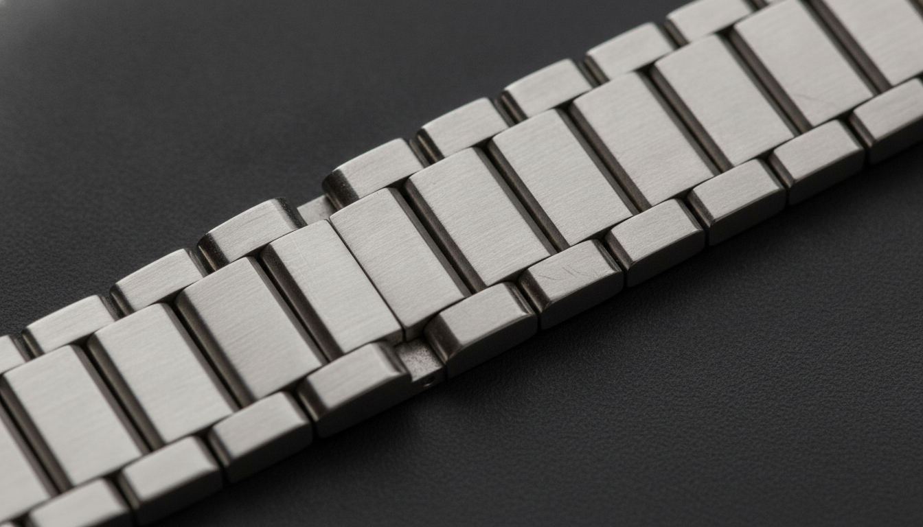 Extreme close-up of an authentic integrated stainless steel sports bracelet show