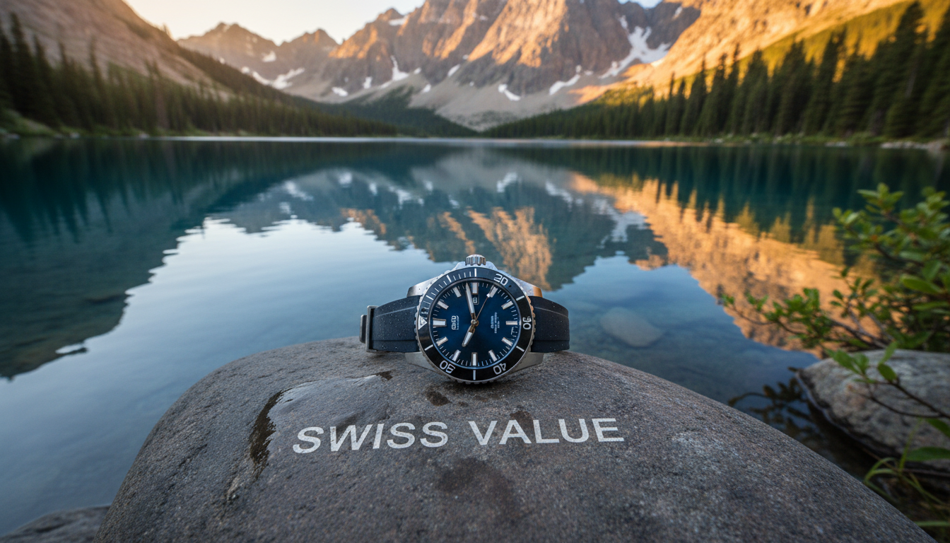 An Oris Aquis watch in a natural, rugged outdoor setting, perhaps resting on a smooth rock beside a calm lake or ocean, highlighting its durability and tool-watch aesthetic. The keywords