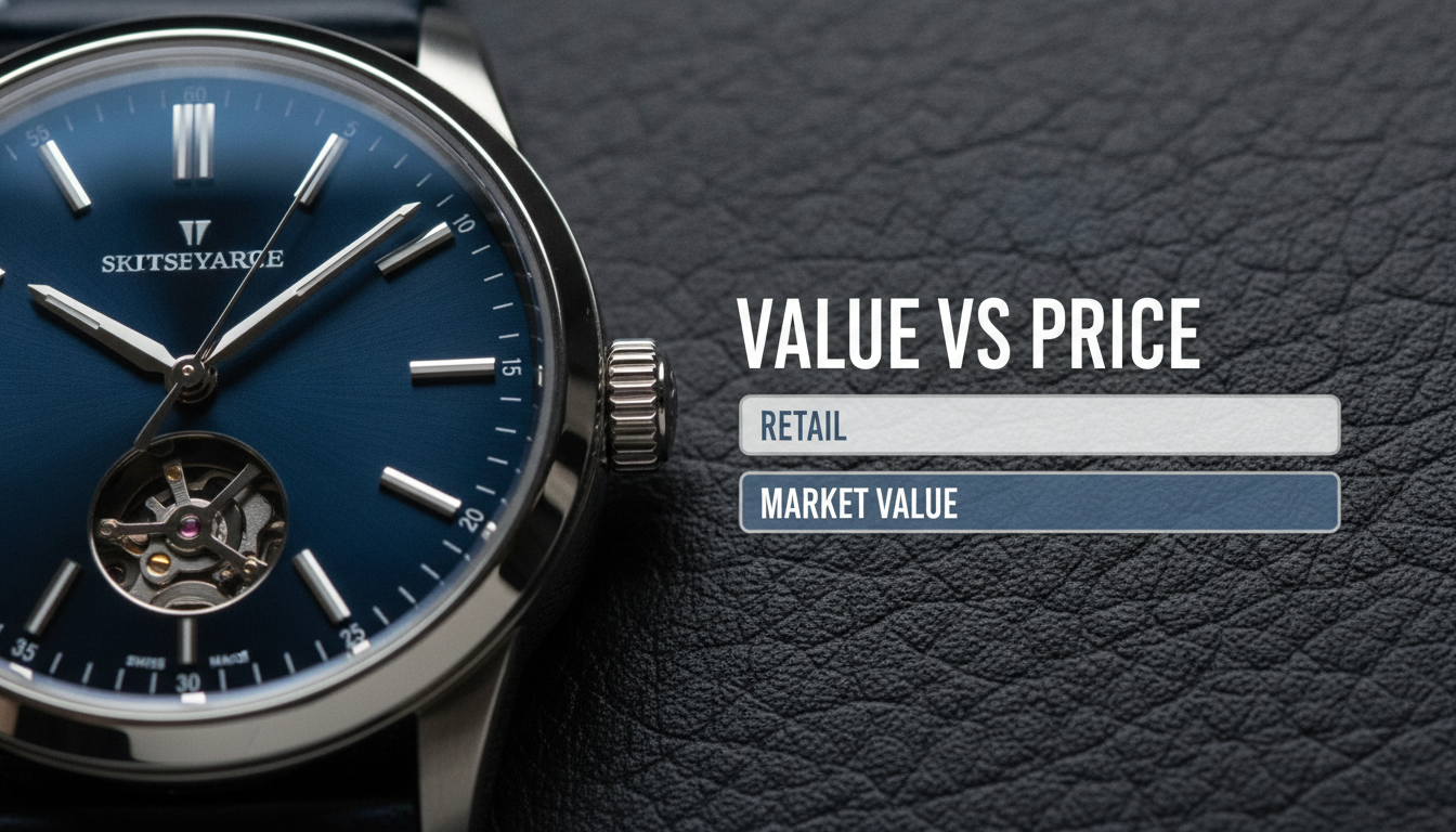 A cinematic close-up shot of a luxury watch dial with a price comparison graphic.