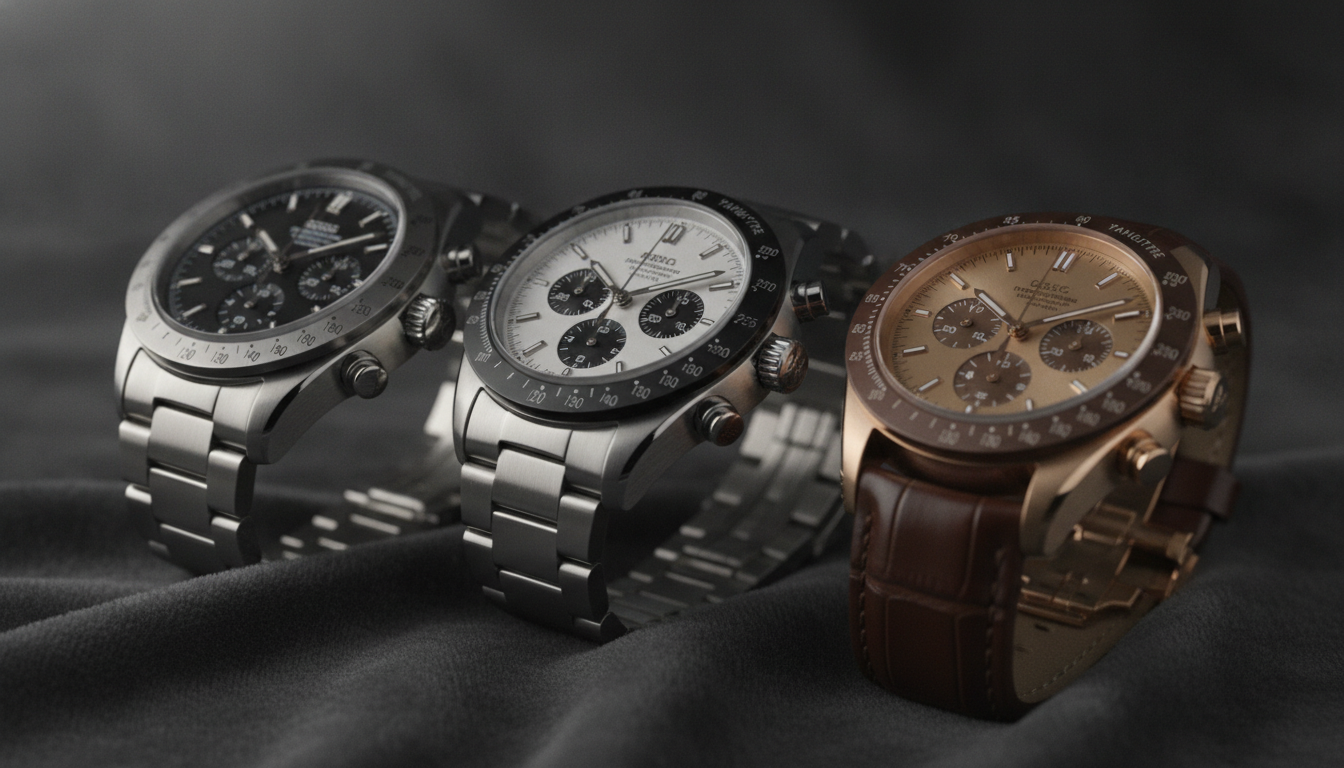Three luxury chronograph watches placed side by side on a dark velvet surface, s